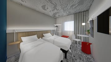 Una habitación de hotel moderna con dos camas, una mesita, una silla, una lámpara colgante y un espejo en la pared.