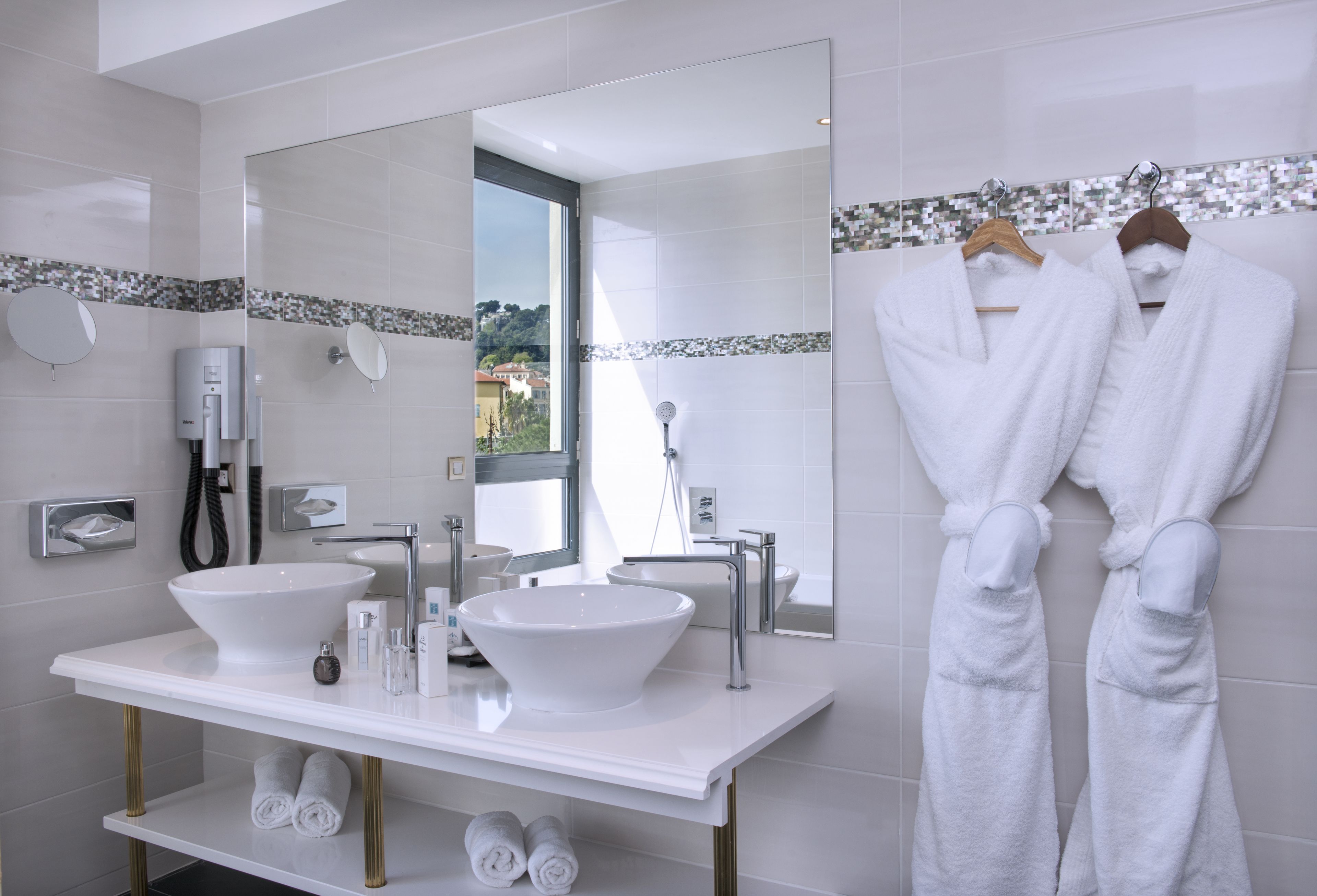 free toiletries, hair dryer, towels