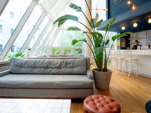 Un interior moderno con un sofá, una planta en maceta y una zona de bar.