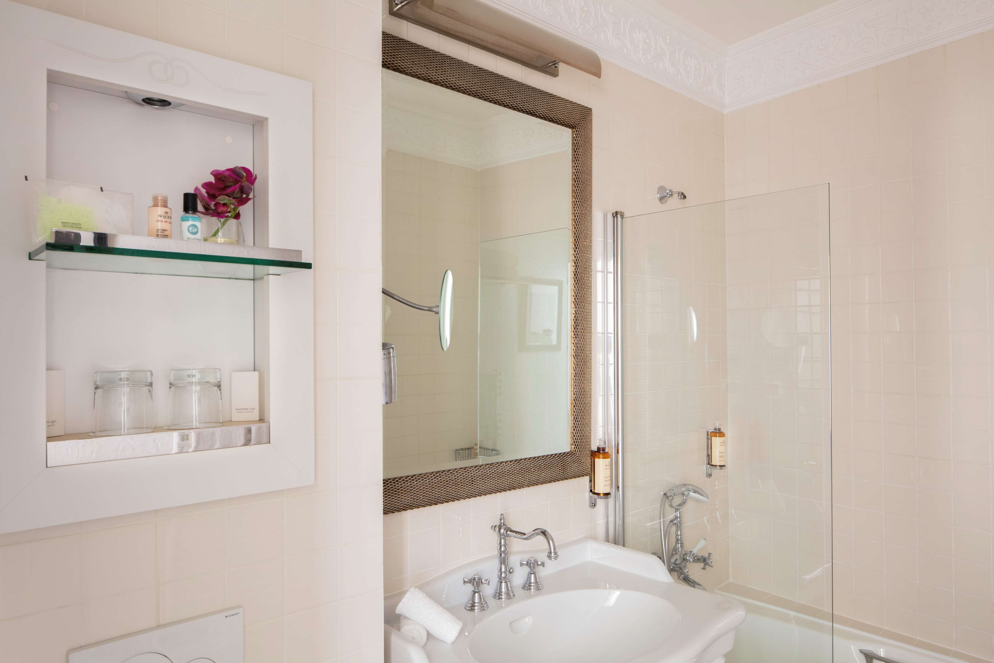 privilege room - complimentary soft minibar, courtesy tray, chromecast - snacks and digital press | bathroom | free toiletries, hair dryer, bathrobes, slippers