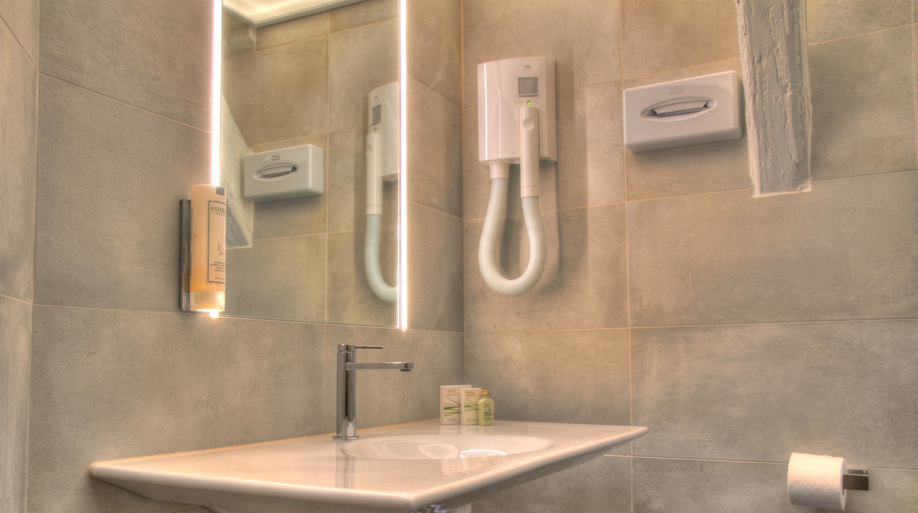 free toiletries, hair dryer, towels