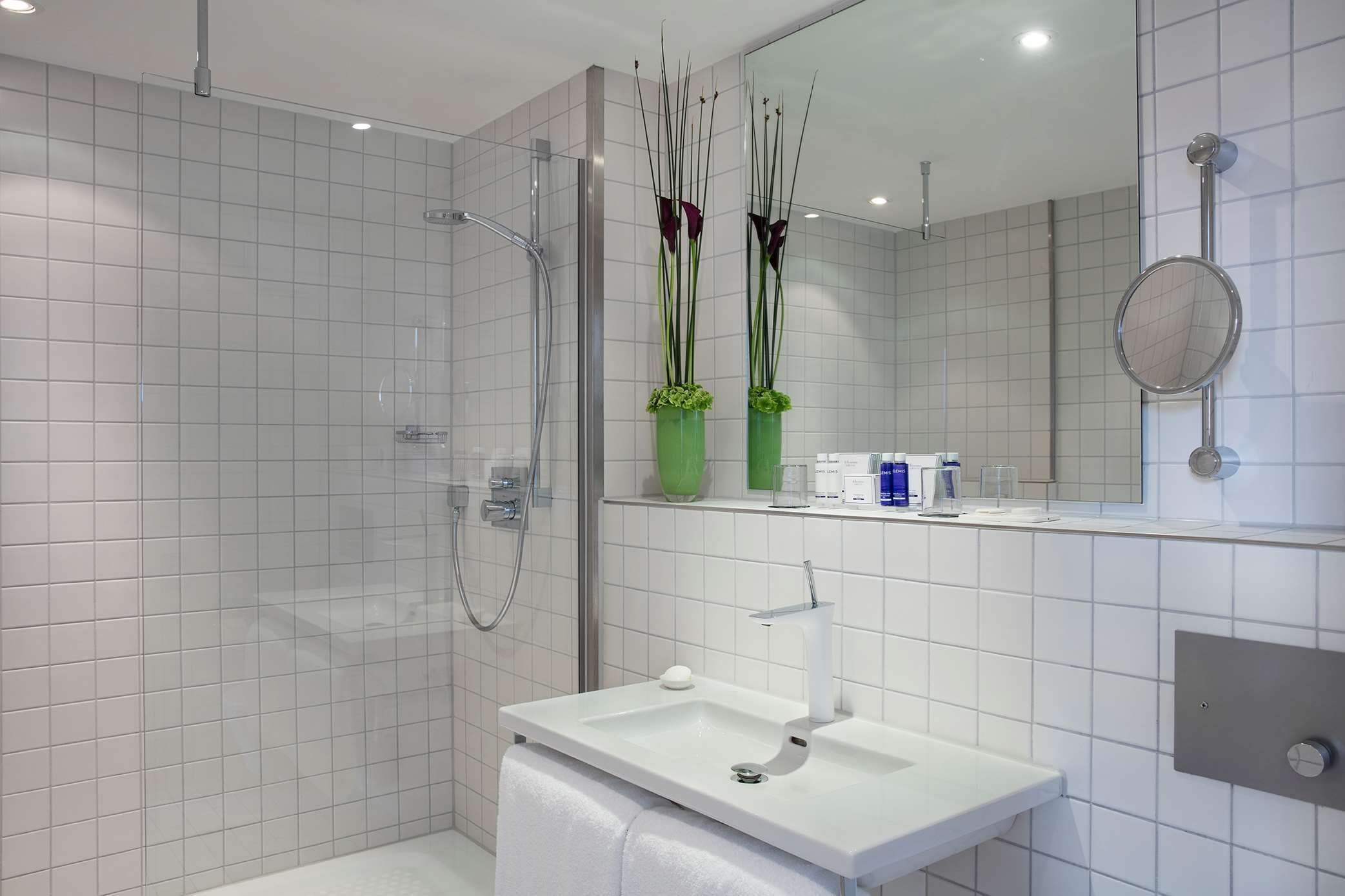 eco-friendly toiletries, hair dryer, towels, soap