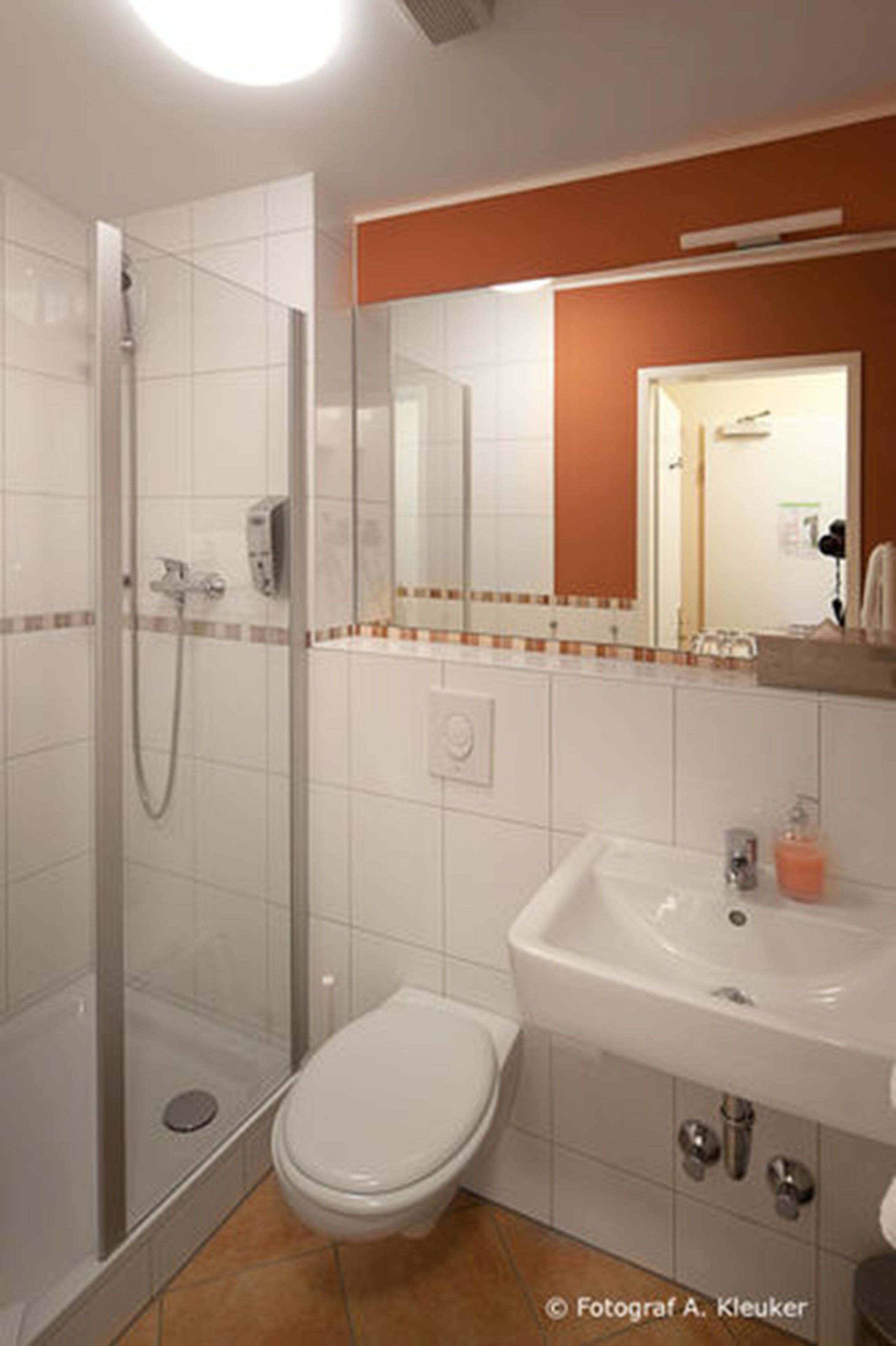 Ein Badezimmer mit einer Duschkabine, einer weißen Toilette und einem Waschbecken mit Spiegel darüber.