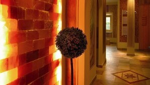 Un pasillo con pared de ladrillo, una planta en maceta redonda y un arco de entrada a otra habitación.