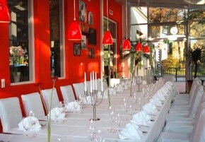 Una larga mesa dispuesta para un evento formal, con sillas y vajilla blancos.