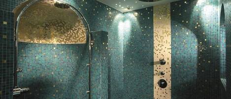 Un baño con pared de mosaicos, ducha con puerta de cristal curvada e iluminación empotrada en el techo.