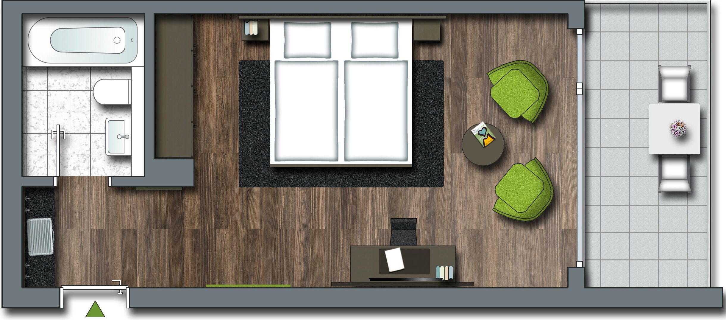 A modern hotel room layout with a bathroom, a seating area with a sofa and two green poufs, a small table with a lamp, and a large window.