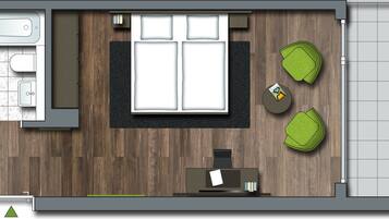A modern hotel room layout with a bathroom, a seating area with a sofa and two green poufs, a small table with a lamp, and a large window.