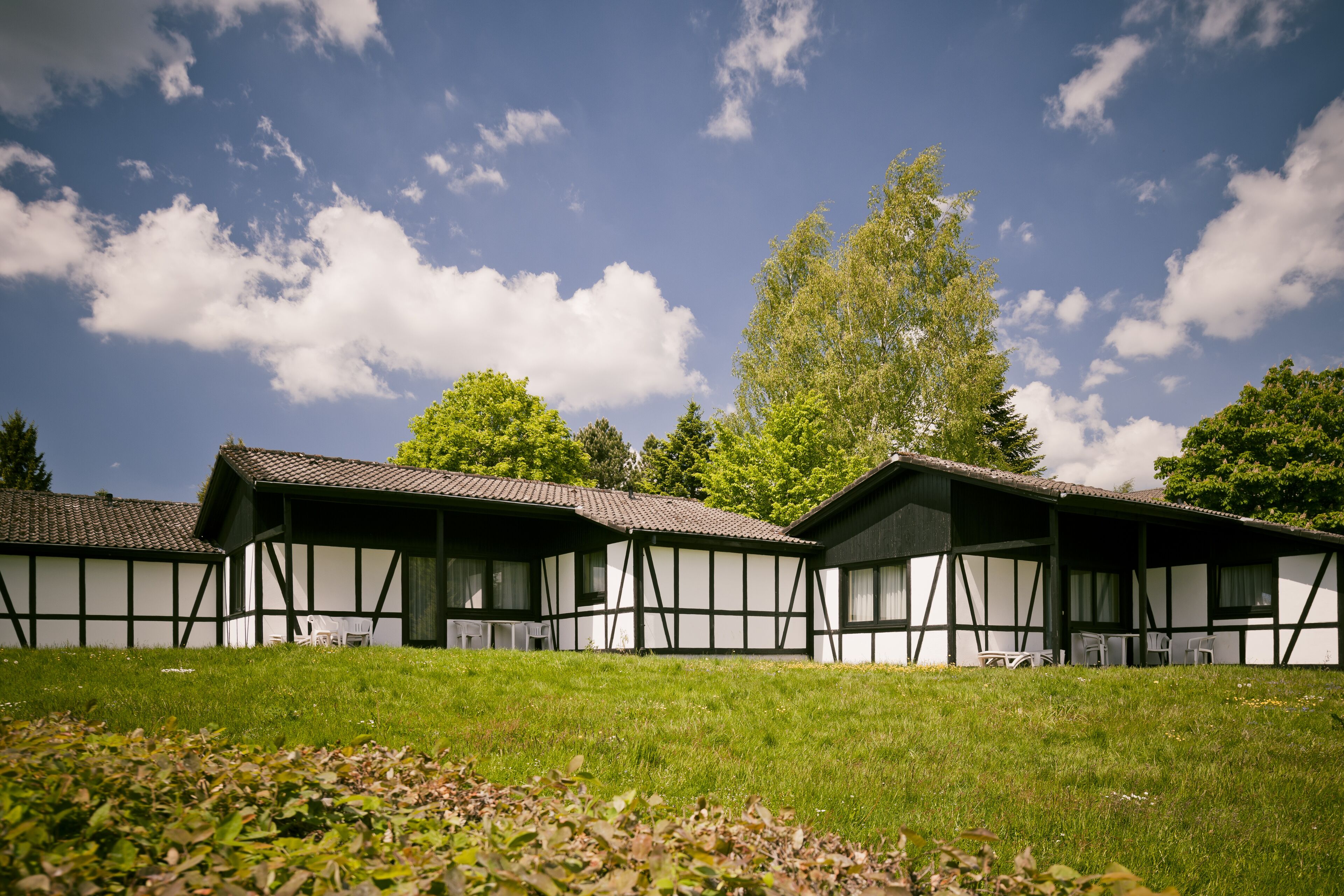 Eine Reihe traditioneller Fachwerkhäuser mit einer grünen Wiese im Vordergrund und blauem Himmel.