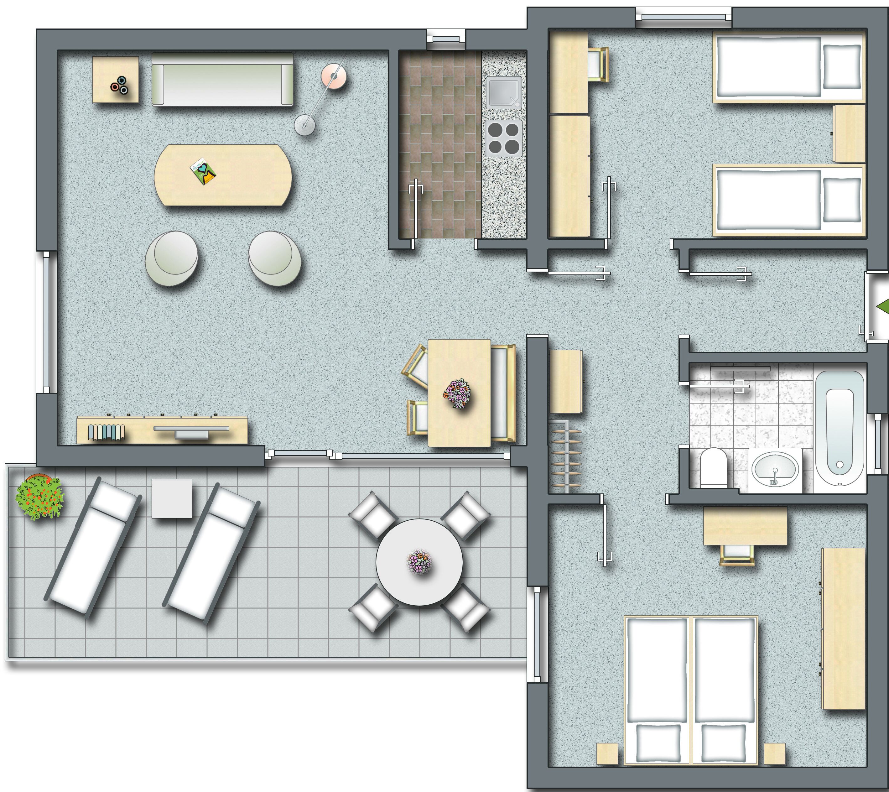 A floor plan of a hotel room with a kitchenette, a dining area with a round table, a sofa, and a small garden area.