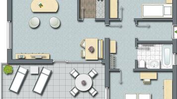 A floor plan of a hotel room with a kitchenette, a dining area with a round table, a sofa, and a small garden area.