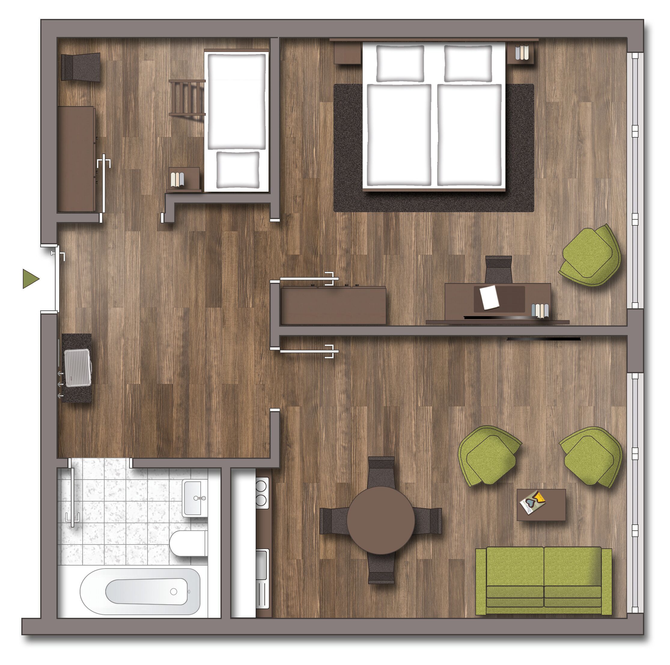 A floor plan of a hotel room with a bed, a desk, a chair, a sofa, and a small bathroom.