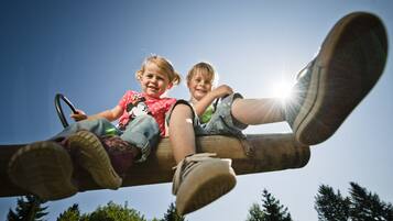 Two children sitting on a wooden swing with a clear sky in the background.