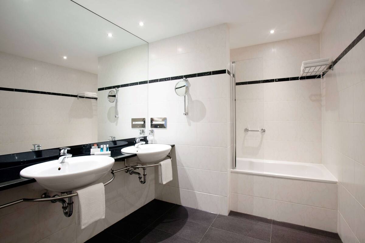 free toiletries, hair dryer, towels