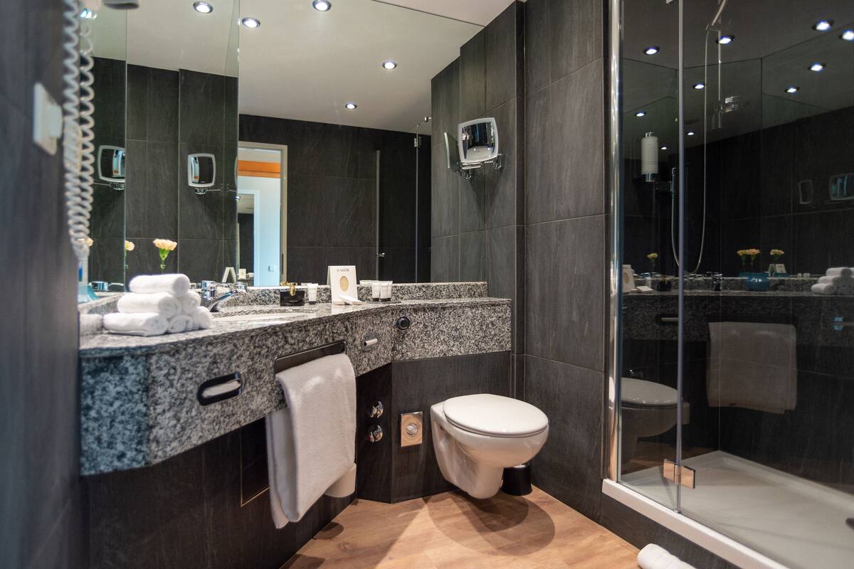 suite, 1 king bed, 2 bathrooms, garden area (incl. 3.50€ per room/night energy fee) | bathroom | separate bathtub and shower, rainfall showerhead, free toiletries