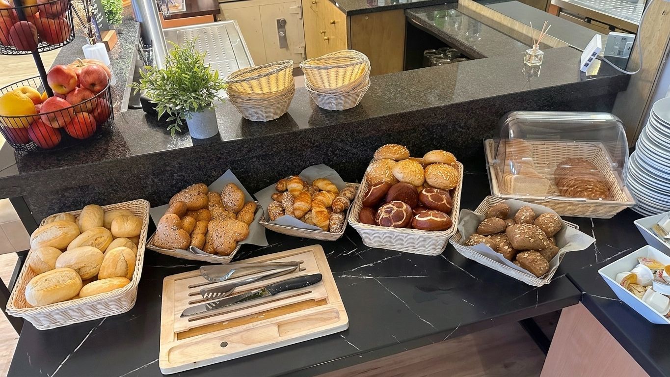A buffet counter with various baked goods and fruits.