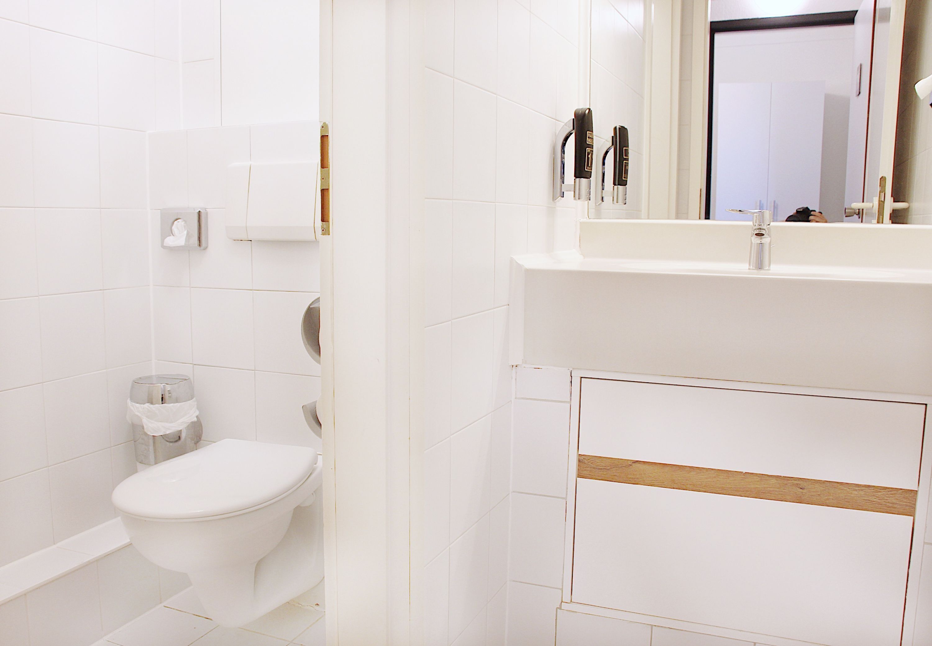 Un baño con inodoro, lavabo y espejo.