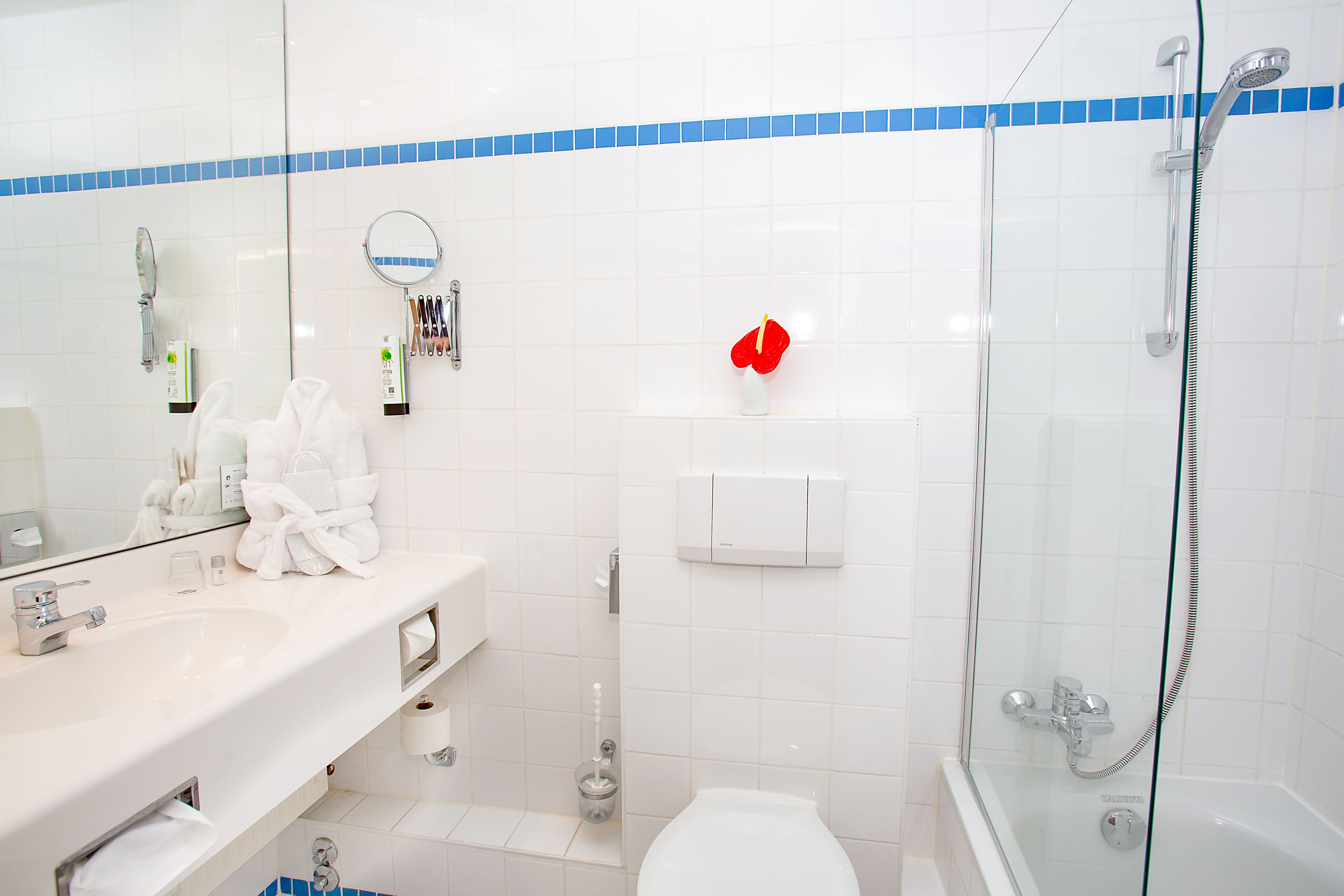 hair dryer, towels, toilet paper