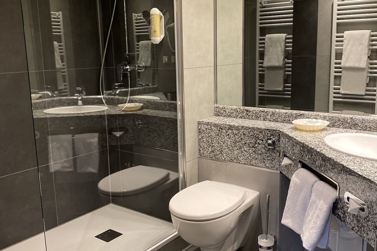 combined shower/bathtub, hair dryer, towels