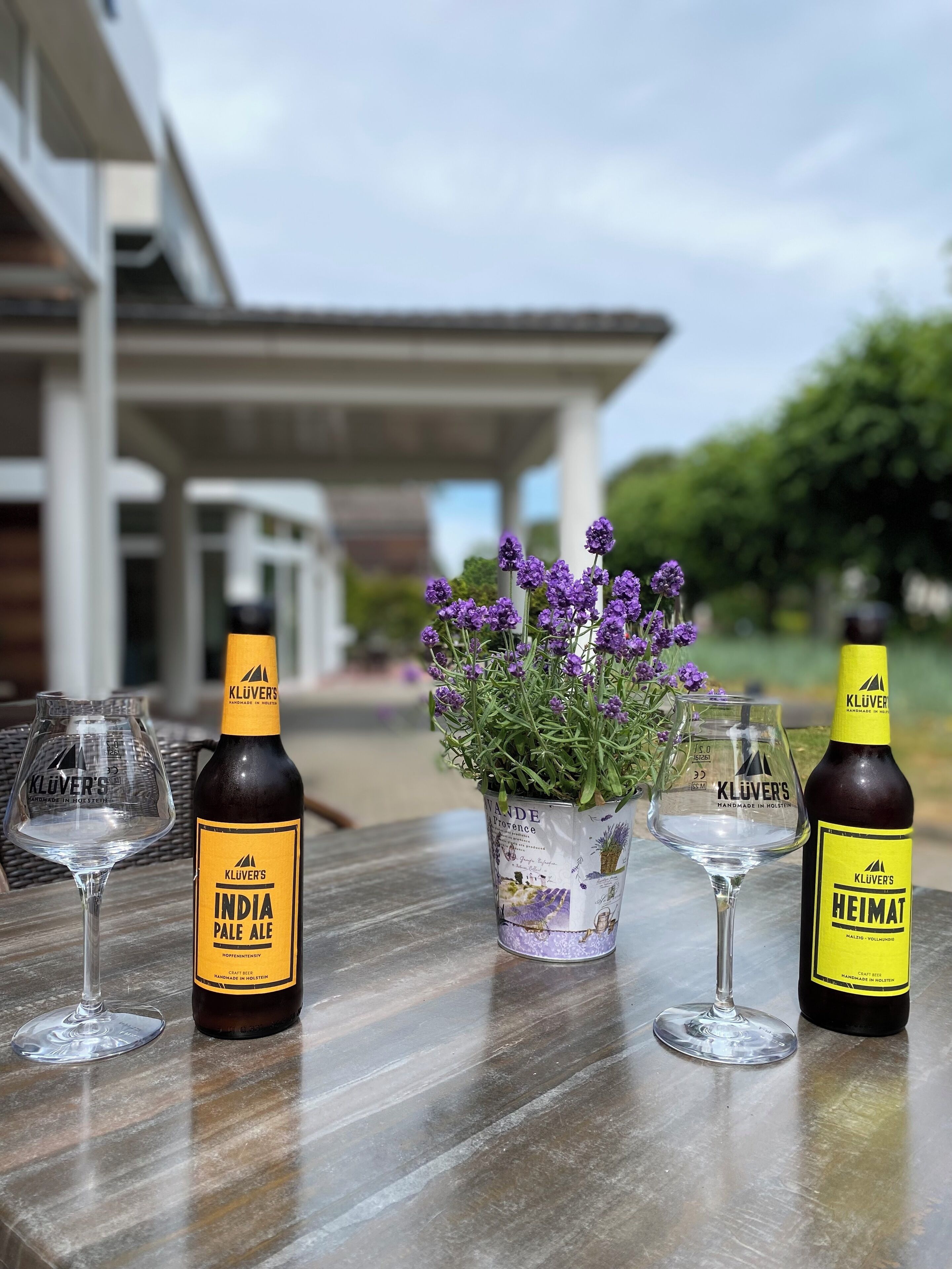 A table with two bottles of Klüver's India Pale Ale and two glasses, a potted lavender plant, and a clear sky.