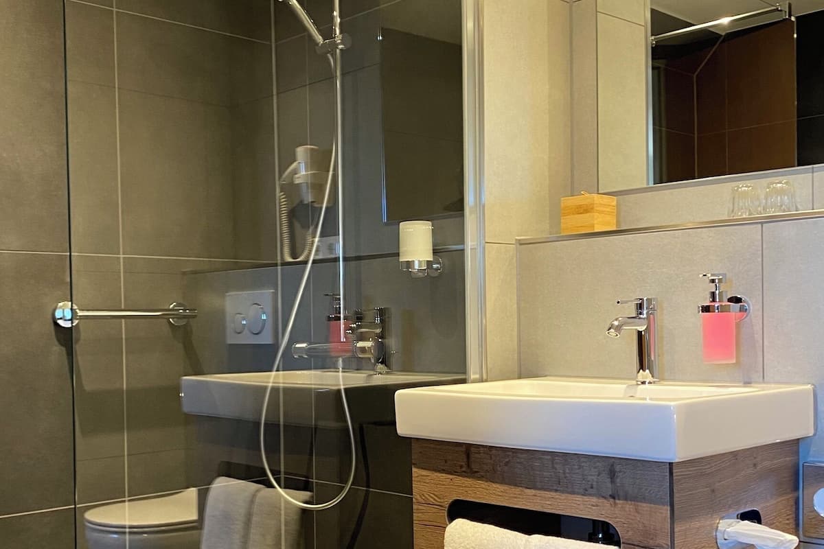 combined shower/bathtub, hair dryer, towels