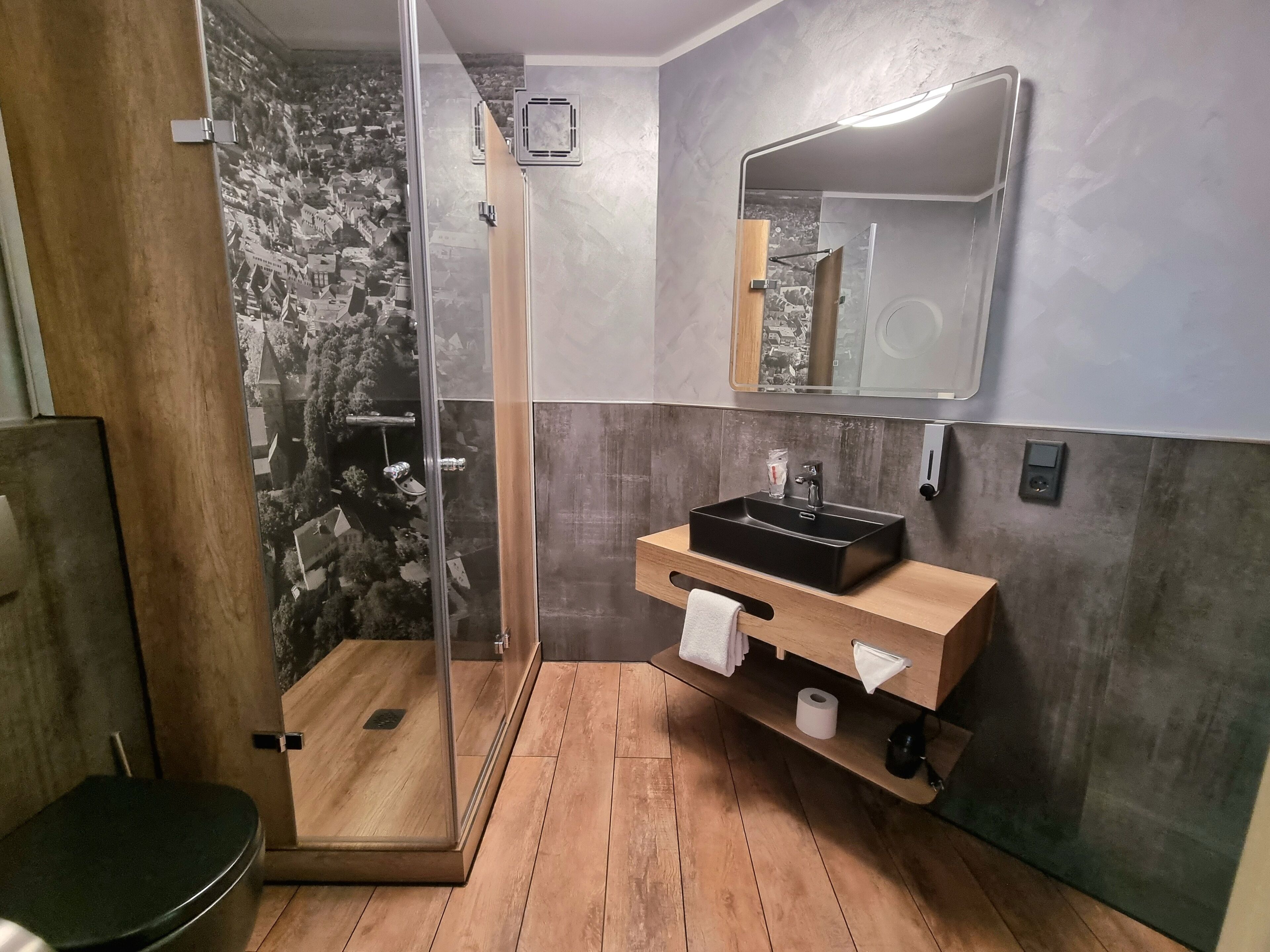 shower, slippers, towels