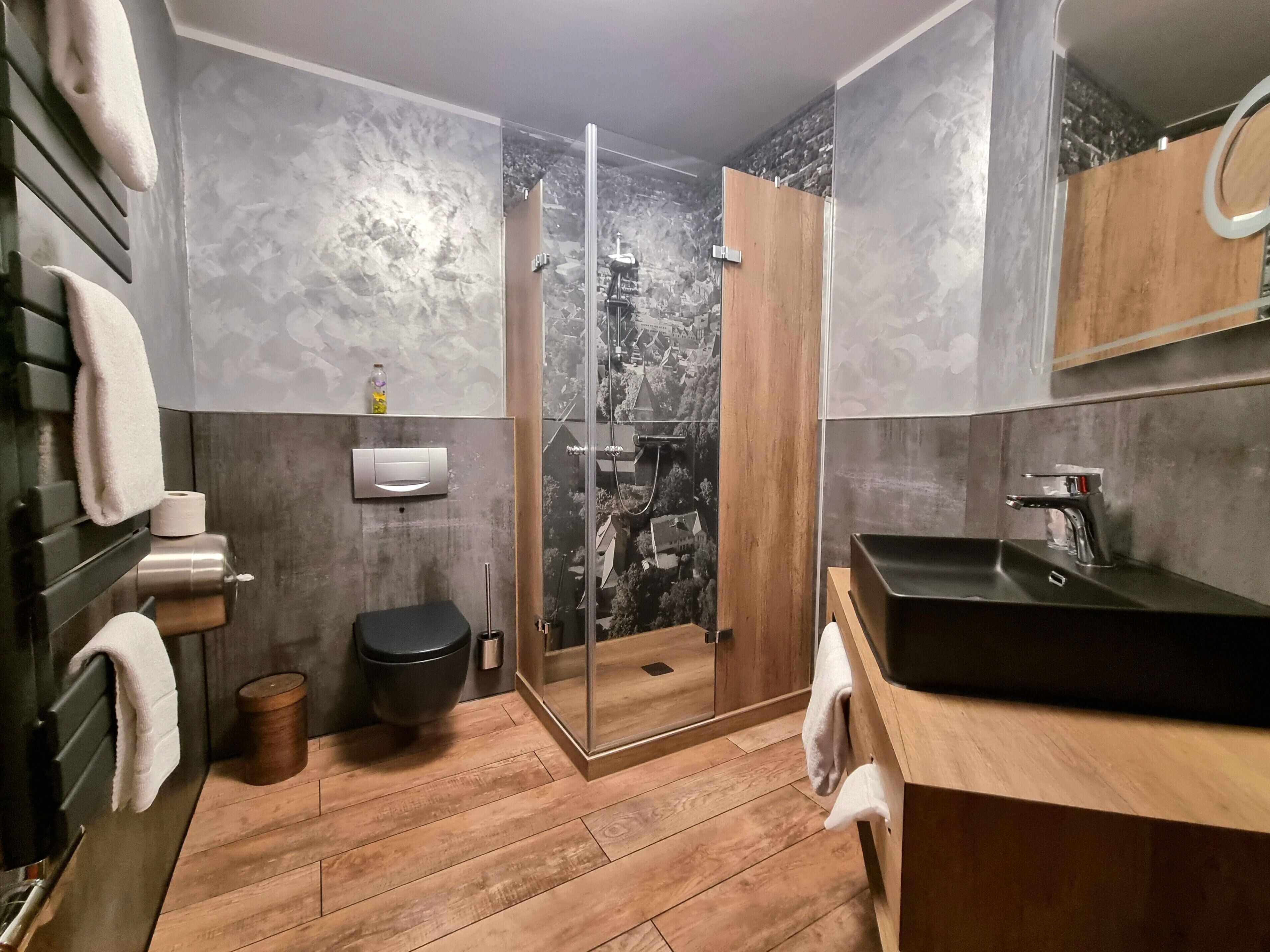 shower, slippers, towels