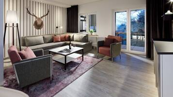 Ein modernes Wohnzimmer mit einem Ecksofa, einem Couchtisch und einem Kamin.