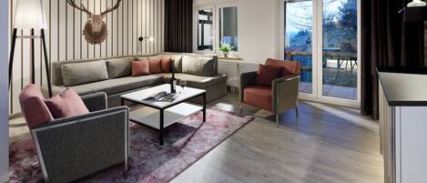 A modern living room with a sectional sofa, a coffee table, and a fireplace.