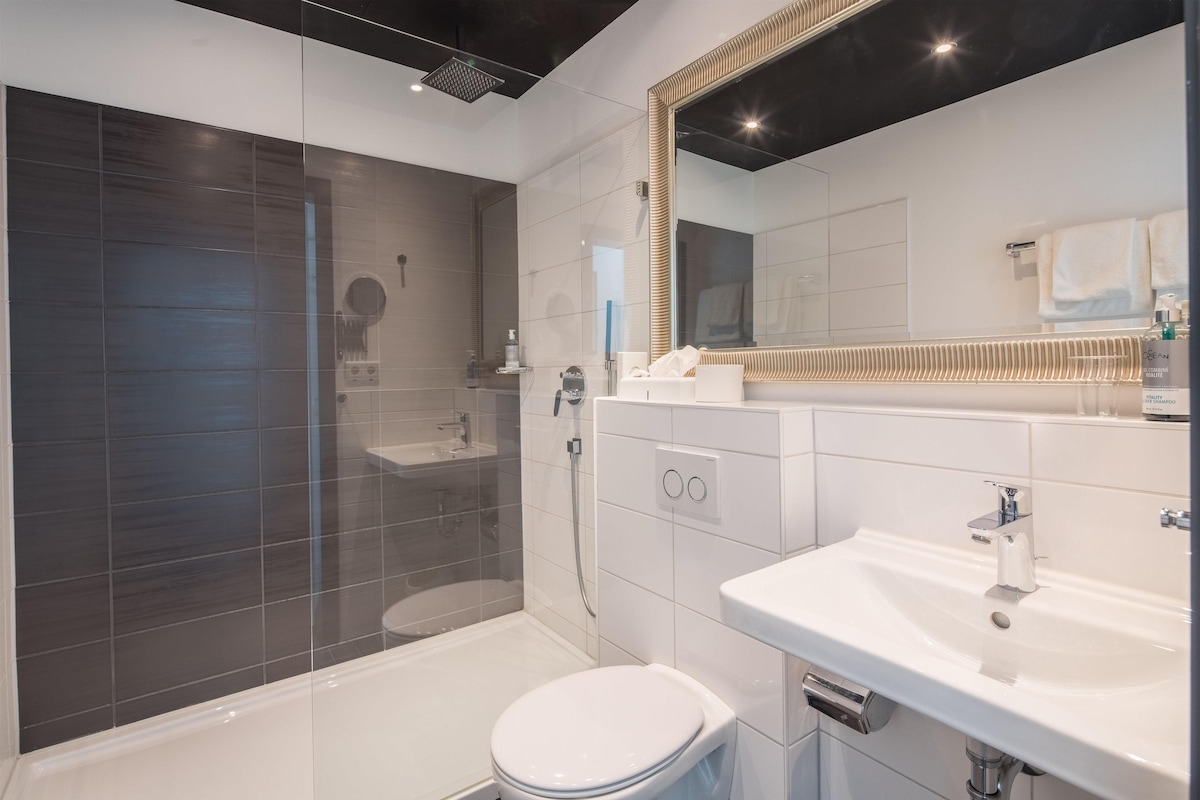 Rainfall showerhead, free toiletries, hair dryer, towels