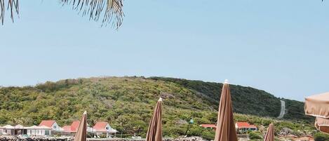 A beach with lounge chairs and umbrellas, a clear blue sea, and a hill with buildings in the background.