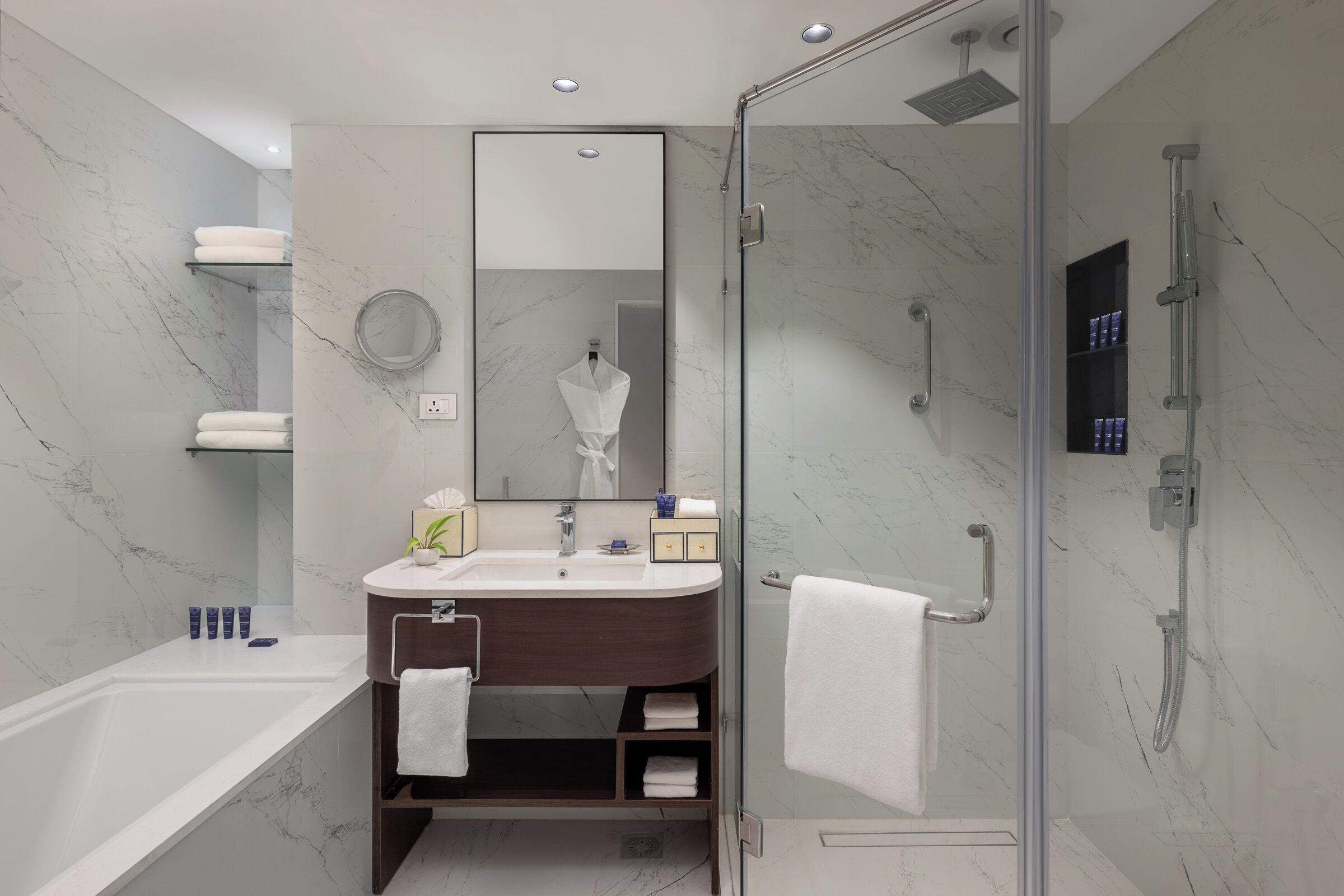 premium suite | bathroom | shower, free toiletries, hair dryer, bathrobes