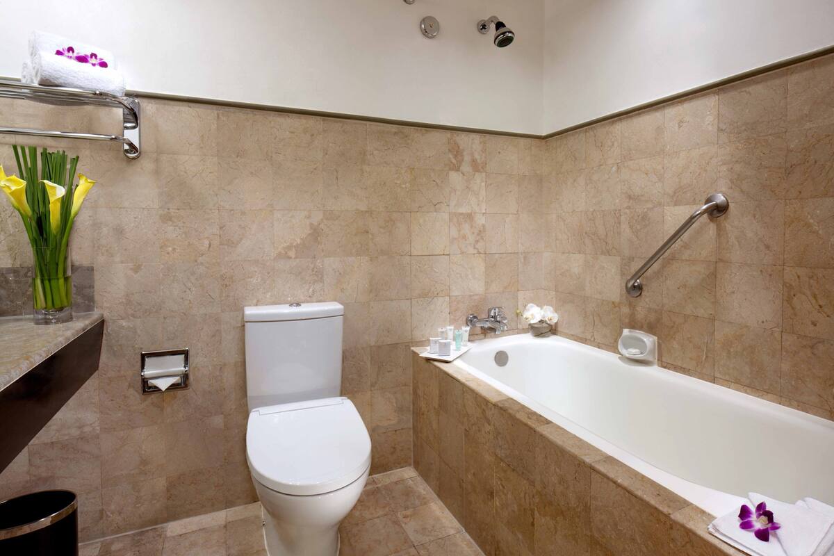 Bathroom | Combined shower/bathtub, free toiletries, hair dryer, slippers