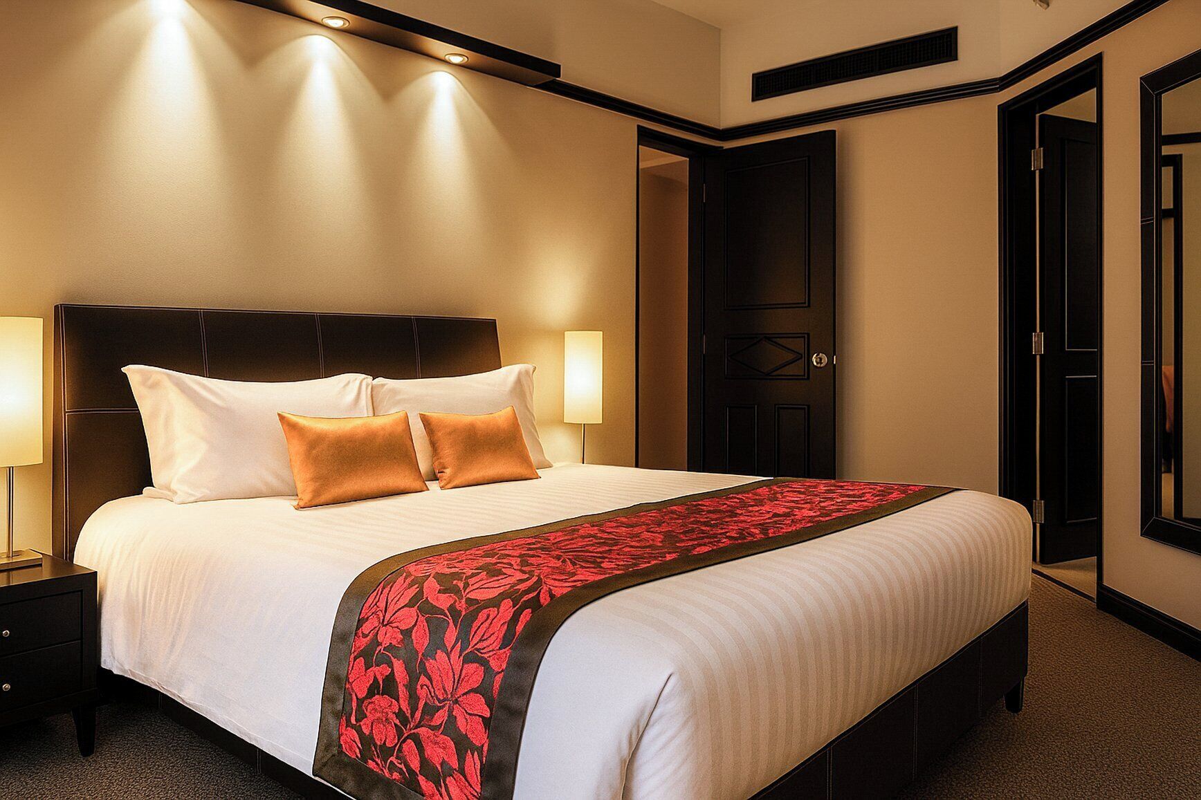 Ein Hotelzimmer mit einem großen Bett, zwei Nachttischlampen, einem dunklen Kopfteil und einer roten, blumigen Bettdecke.