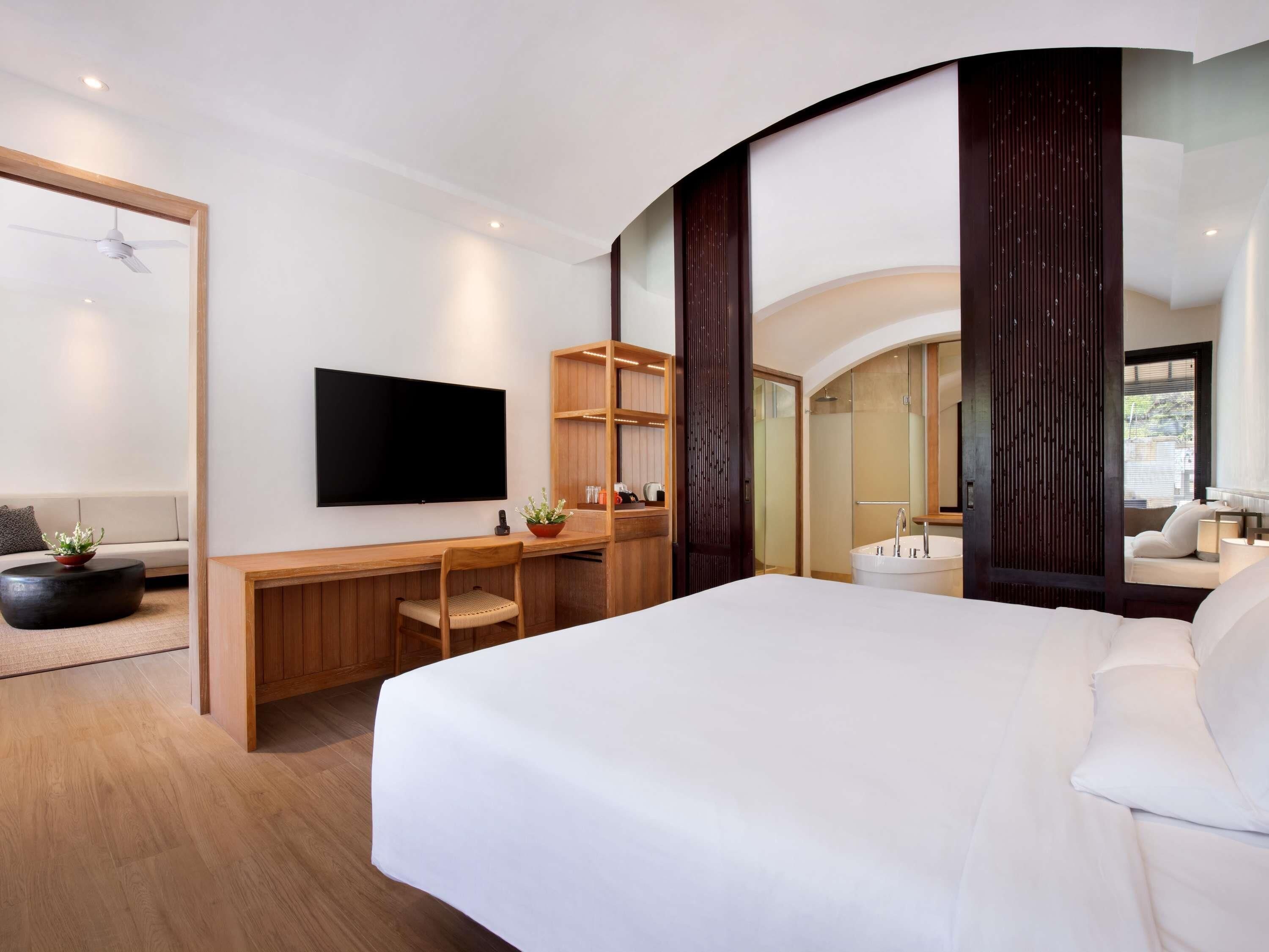 A modern hotel room with a large bed, a flat-screen TV, a desk with a chair, a potted plant, and a shower area.