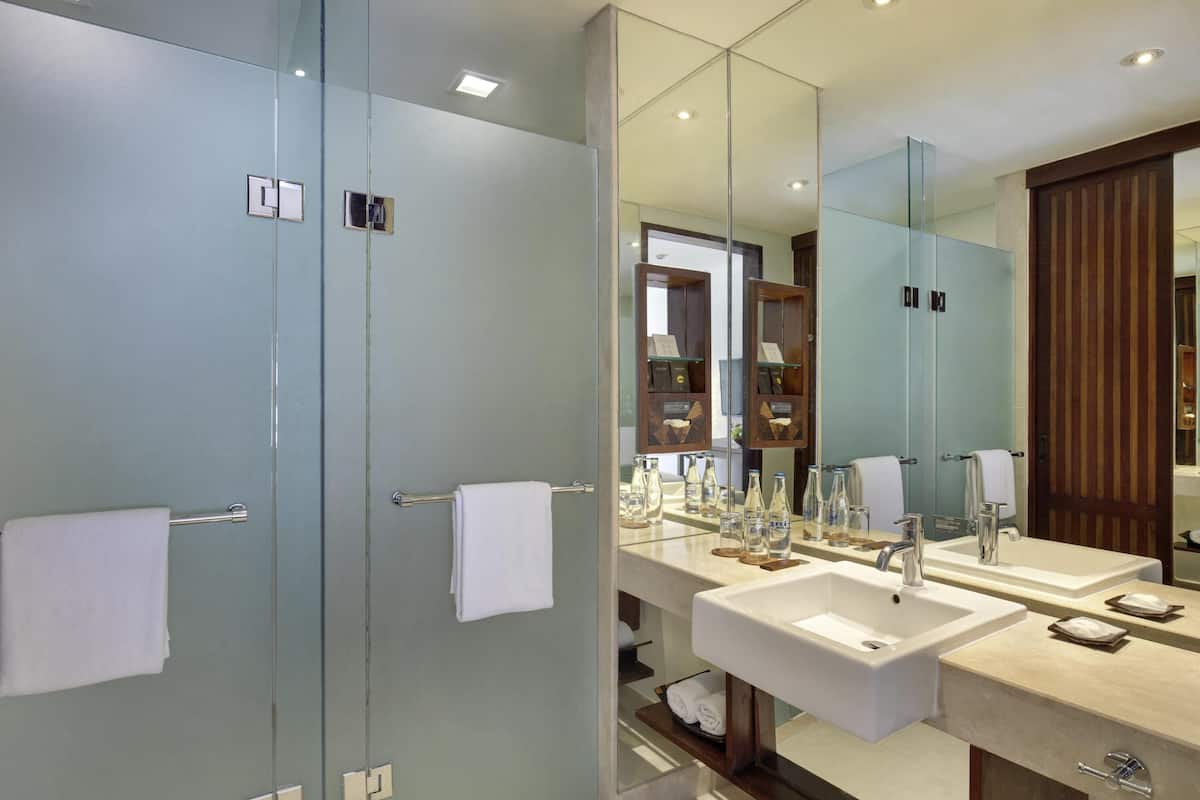 A modern bathroom with two sinks, a large mirror, and a glass shower enclosure.