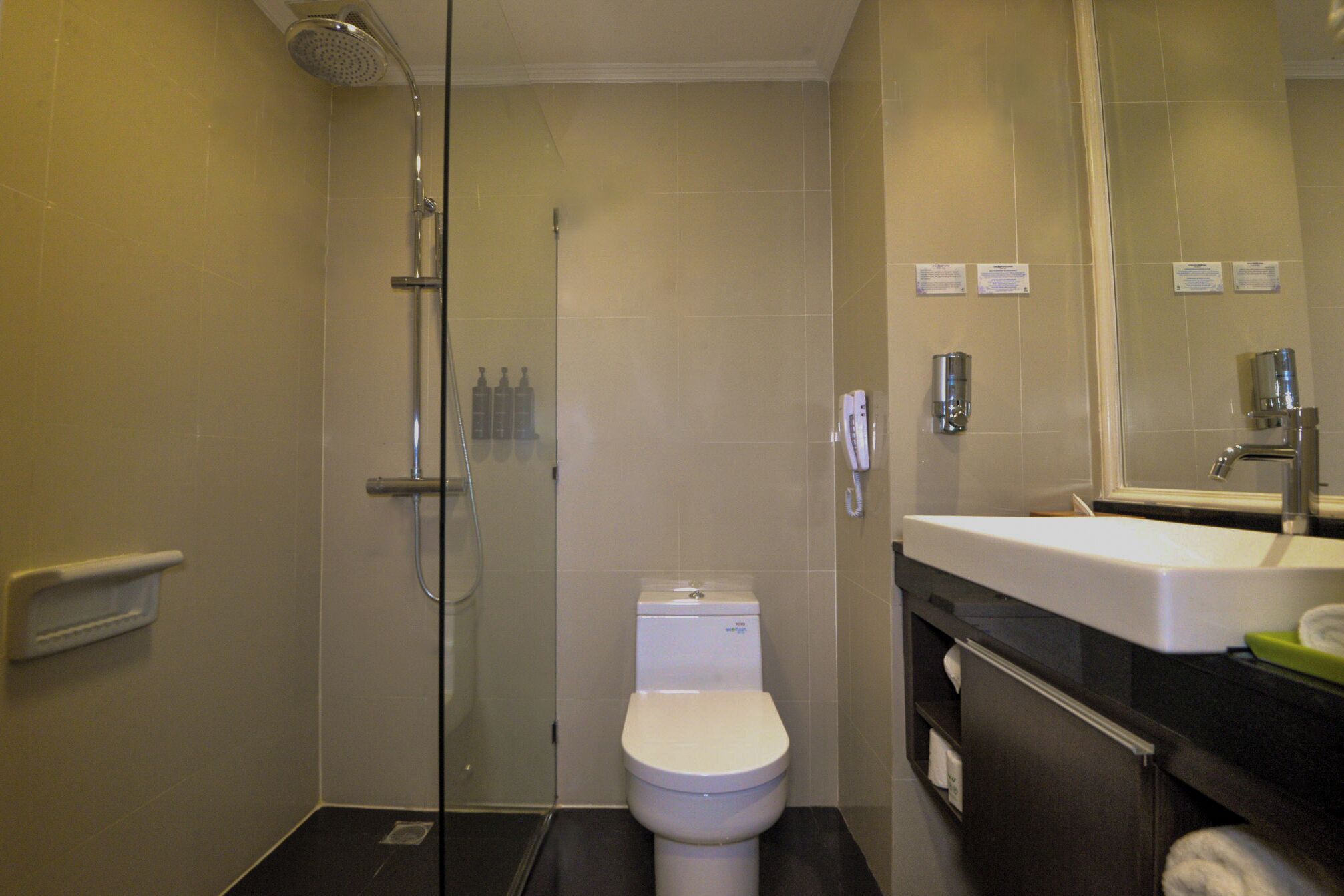 A modern bathroom with a glass-enclosed shower, a white toilet, and a sink with a mirror above it.