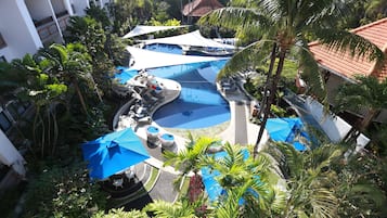 2 outdoor pools, open 9:00 AM to 9:00 PM, pool loungers