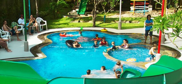 2 outdoor pools, open 9:00 AM to 9:00 PM, pool loungers