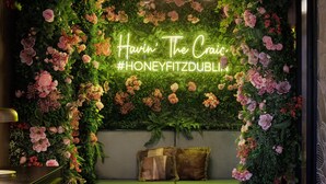 A wall adorned with a variety of flowers and greenery, a neon sign with text, and a green sofa with cushions. - Hilton Garden Inn Dublin City Centre (Dublin)