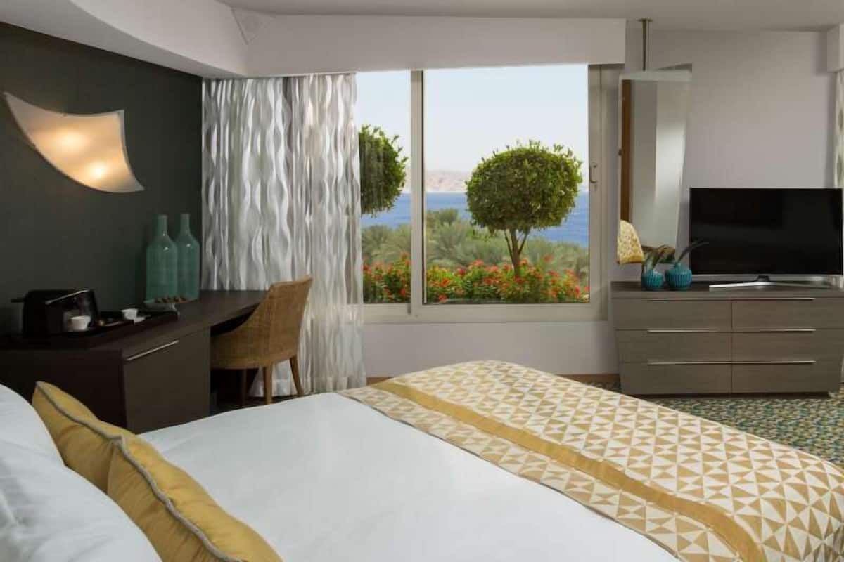 A hotel room with a bed, a desk, a TV, and a view of the outdoors.