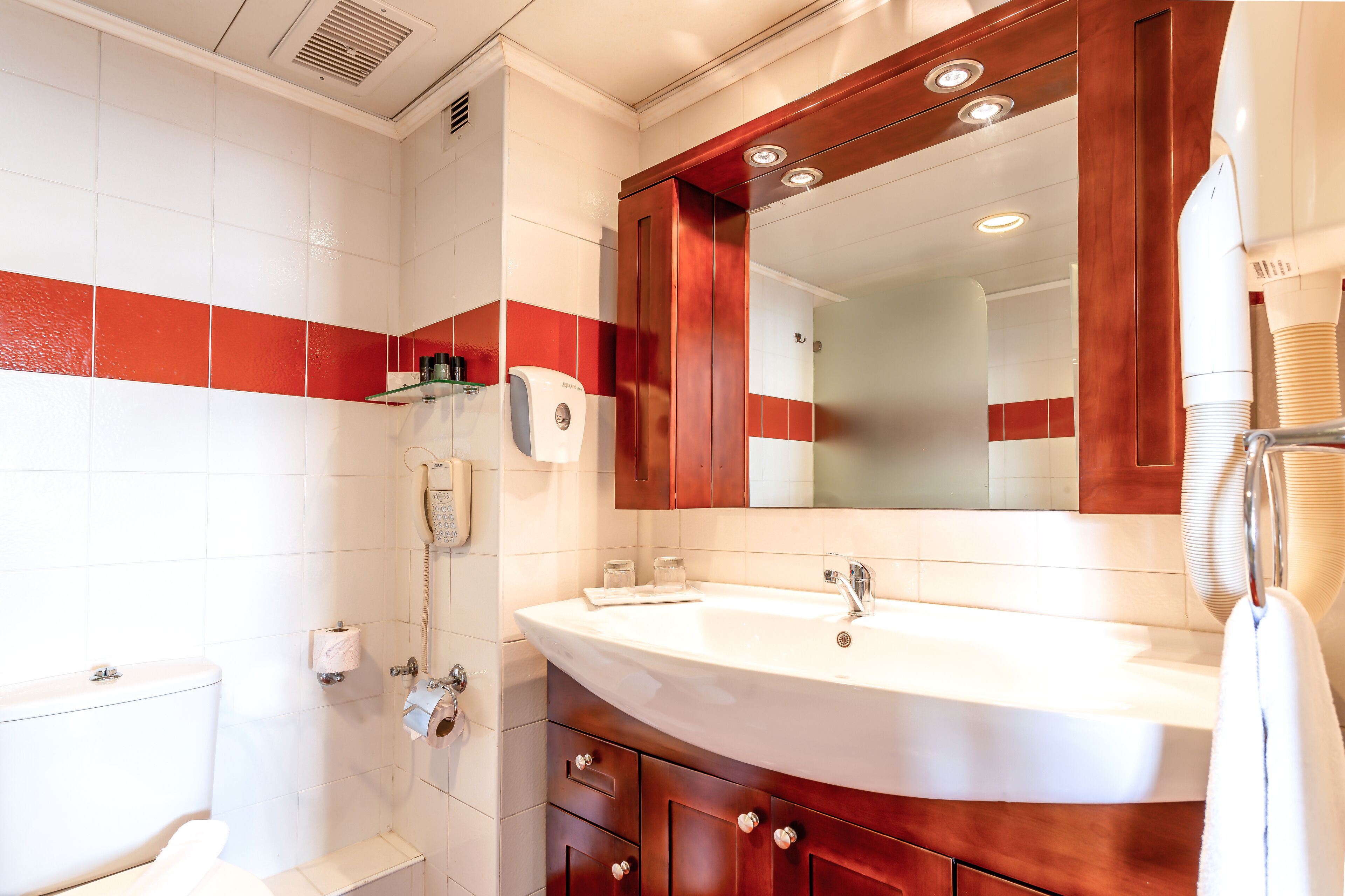 combined shower/bathtub, hair dryer, towels