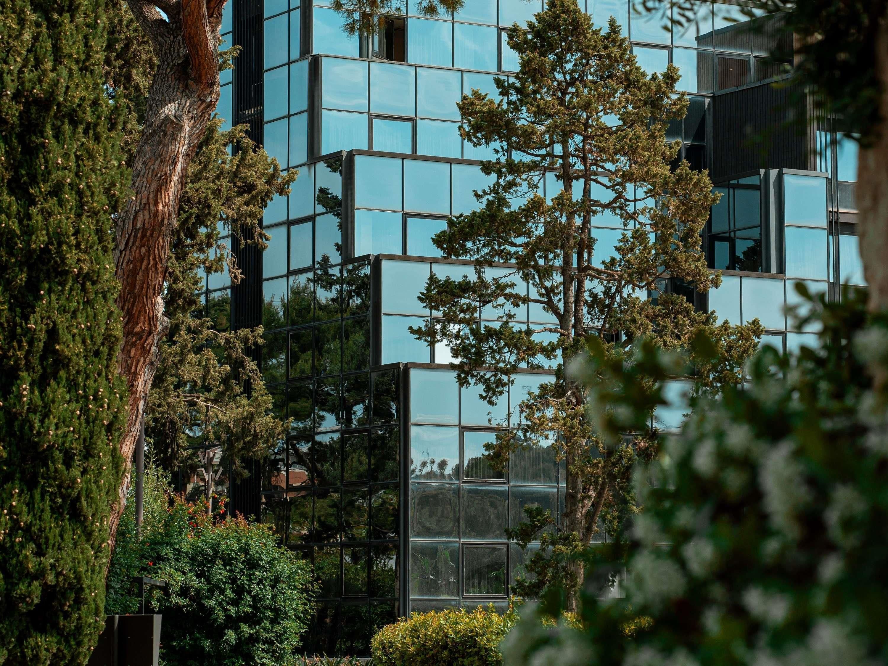 Un edificio moderno con ventanas de vidrio reflectante y una mezcla de vegetación, incluyendo árboles y arbustos.