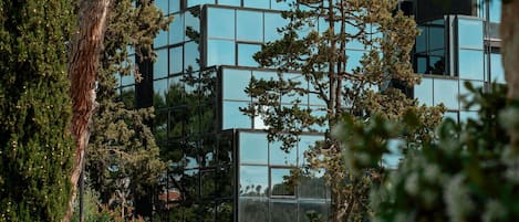 Un edificio moderno con ventanas de vidrio reflectante y una mezcla de vegetación, incluyendo árboles y arbustos.