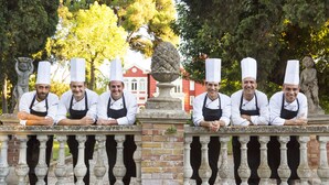 A group of chefs standing behind a stone balustrade with a brick base, set against a backdrop of trees and a building with a red facade. - Mercure Villa Romanazzi Carducci Bari (Bari)