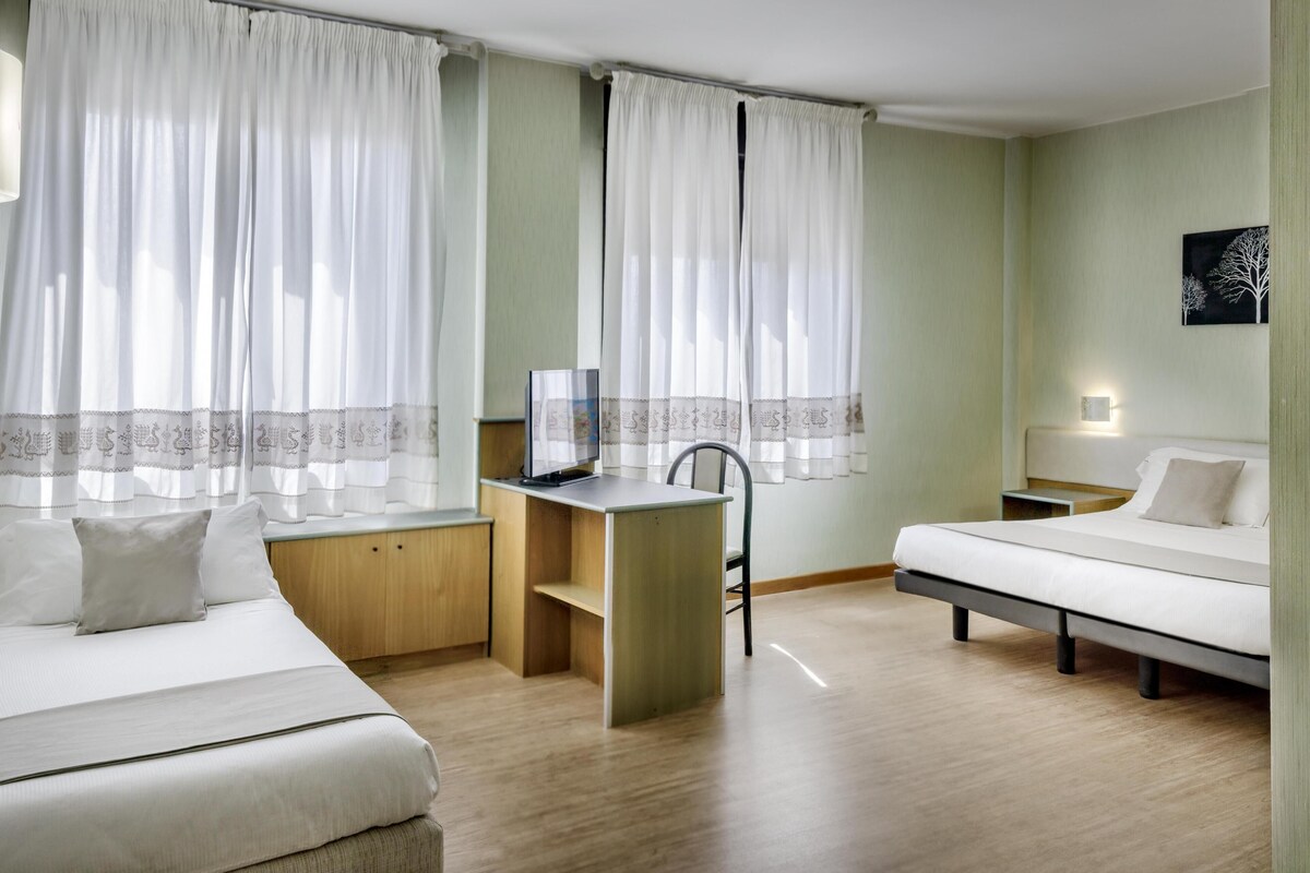 Une chambre d’hôtel avec un lit, un bureau et une chaise, une télévision et un tableau au mur.
