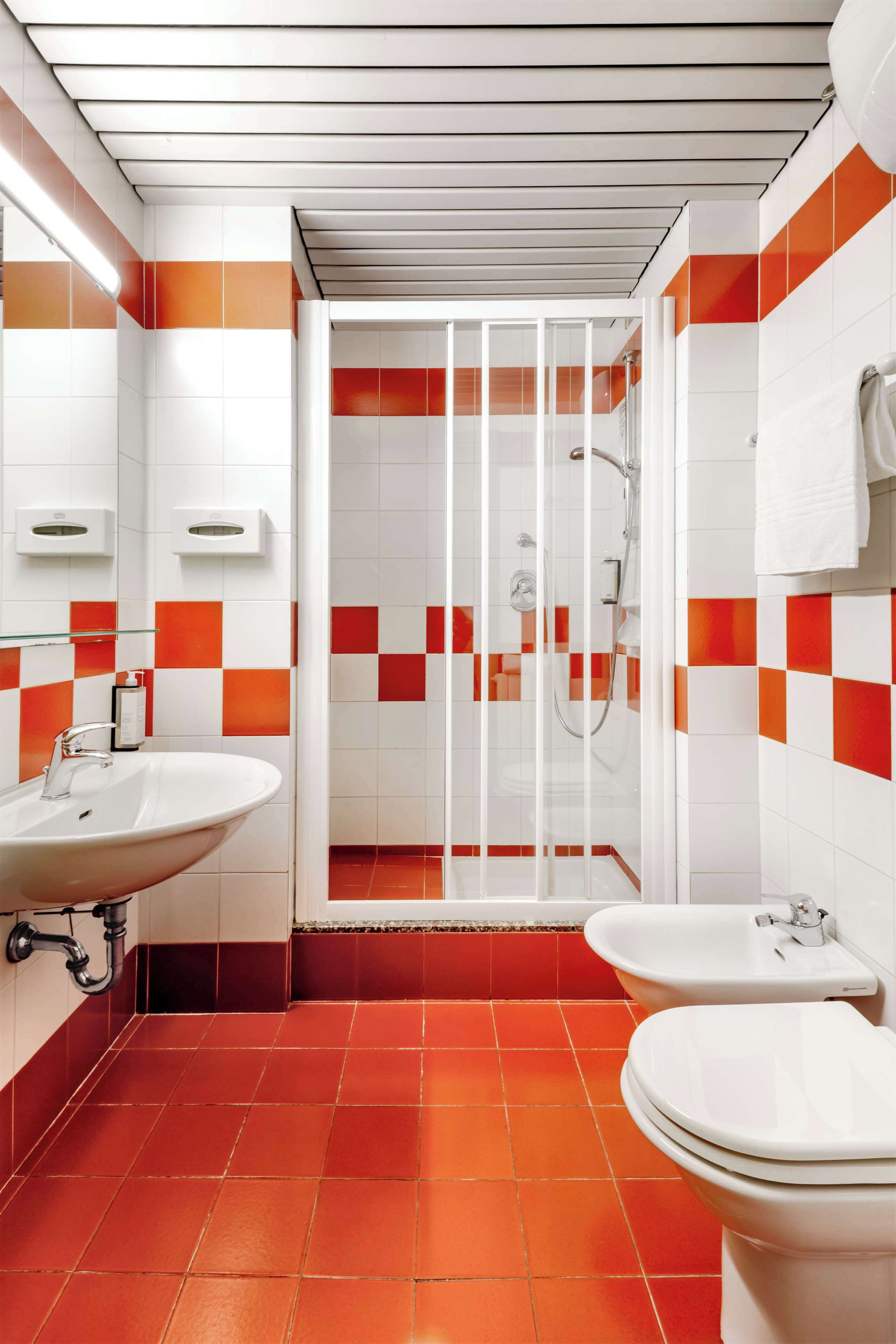 A bathroom with a sink, bidet, and shower stall.