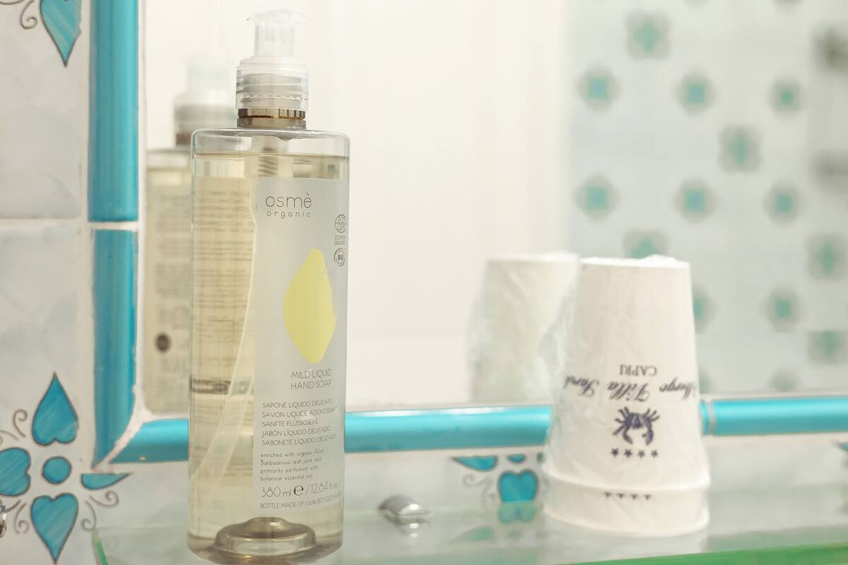 designer toiletries, hair dryer, slippers, bidet