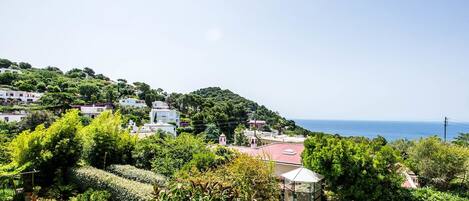 A coastal town with buildings on a hillside, a clear view of the sea, and a garden area with a gazebo.