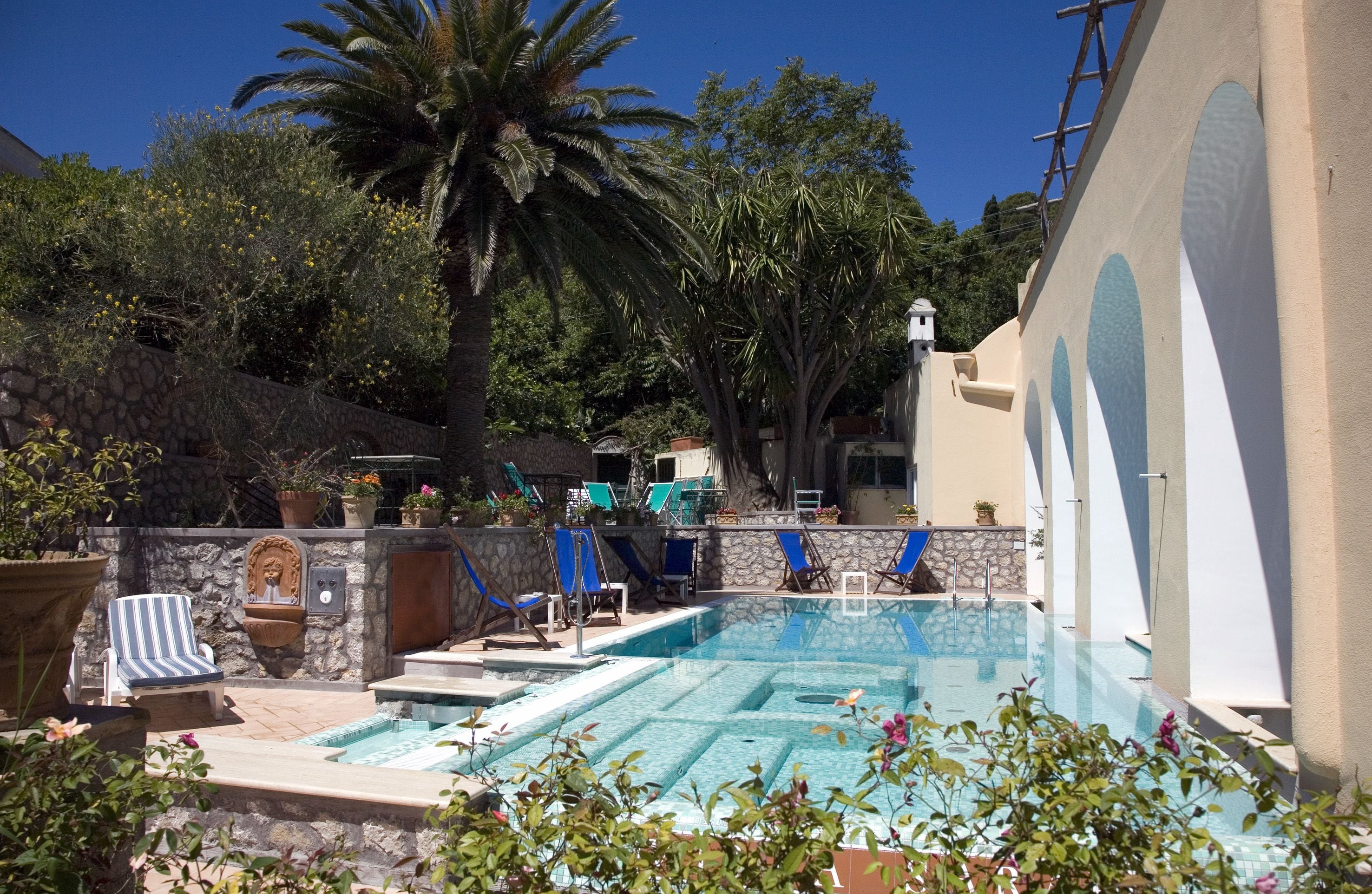 Une piscine entourée de murs de pierre et de palmiers, avec des chaises longues et des plantes en pot.